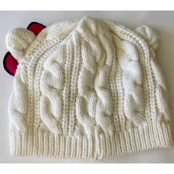 EUC Hello Kitty Hat Chunky Cable Knit Hat Sanrio White Girls Size OS - Picture 3 of 4